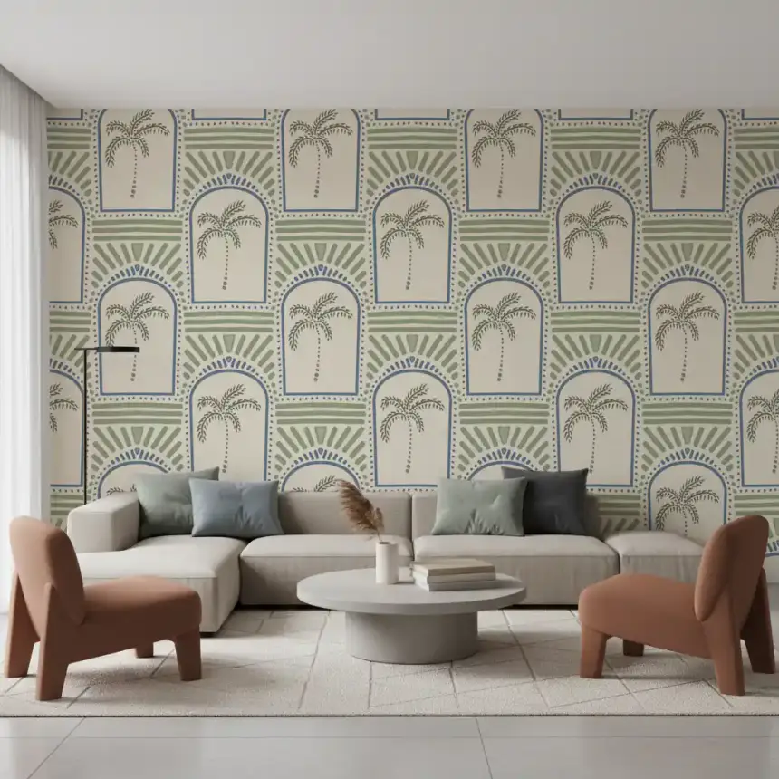 Tropical Palm Art Deco Archways Slate Blue & Costal Green Wallpaper