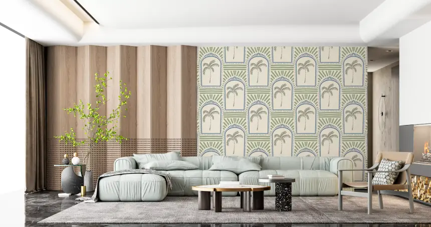 Tropical Palm Art Deco Archways Slate Blue & Costal Green Wallpaper