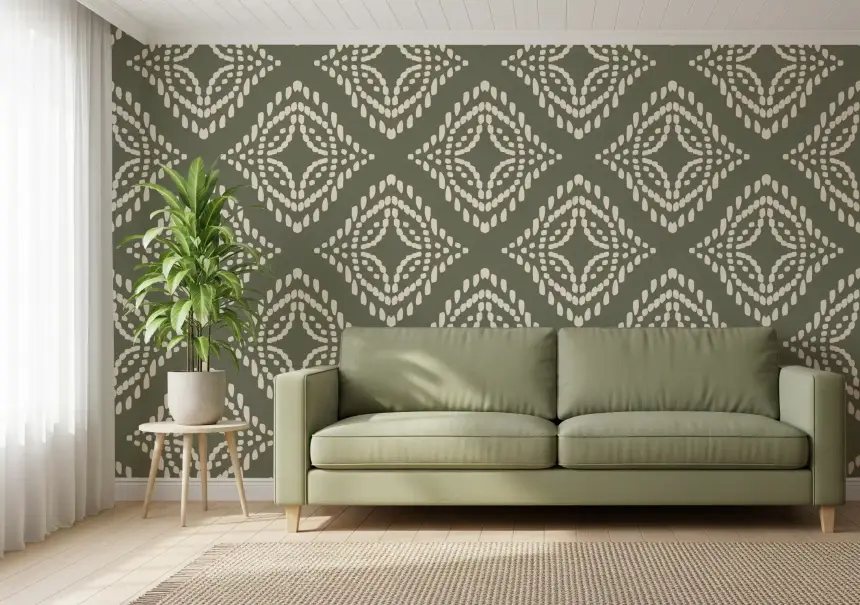 Block Print Ornament Palm Green Canvas Wallpaper