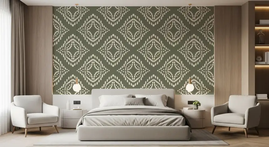 Block Print Ornament Palm Green Canvas Wallpaper