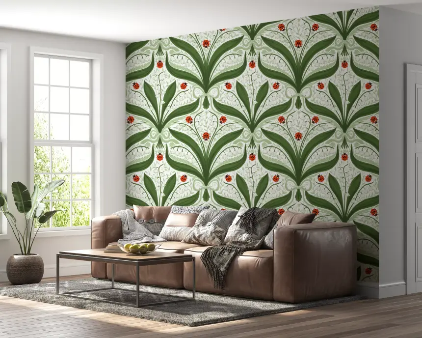 Lily of the Valley and Ladybugs Symmetry in Green, White and Red Wallpaper