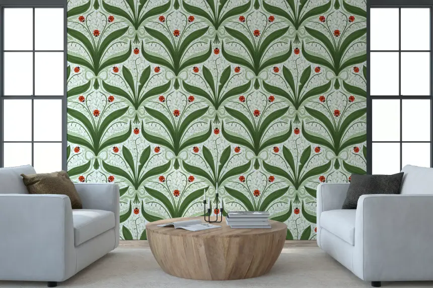 Lily of the Valley and Ladybugs Symmetry in Green, White and Red Wallpaper