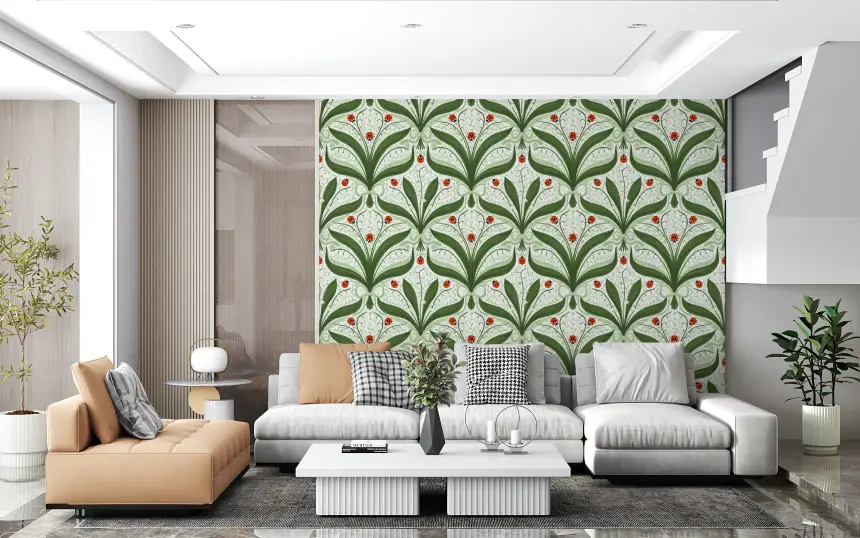 Lily of the Valley and Ladybugs Symmetry in Green, White and Red Wallpaper