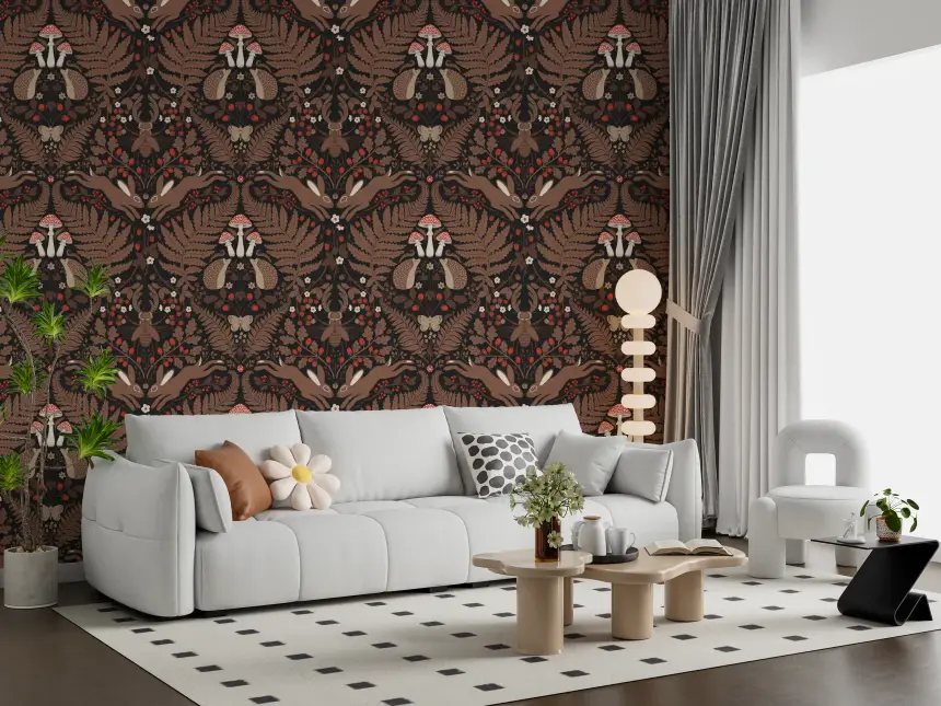 Woodland Animals and Plants in Red and Brown Wallpaper