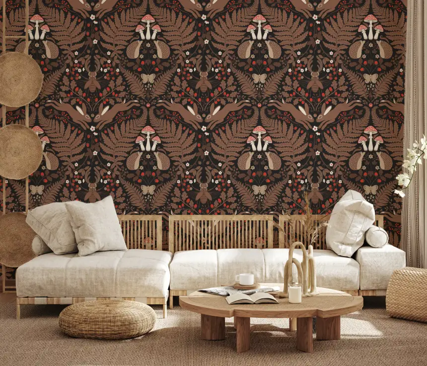 Woodland Animals and Plants in Red and Brown Wallpaper