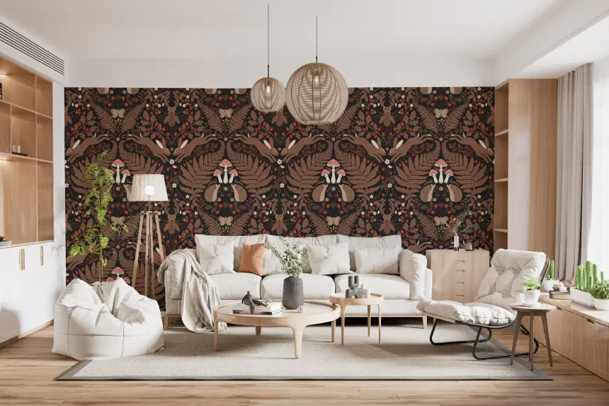 Woodland Animals and Plants in Red and Brown Wallpaper