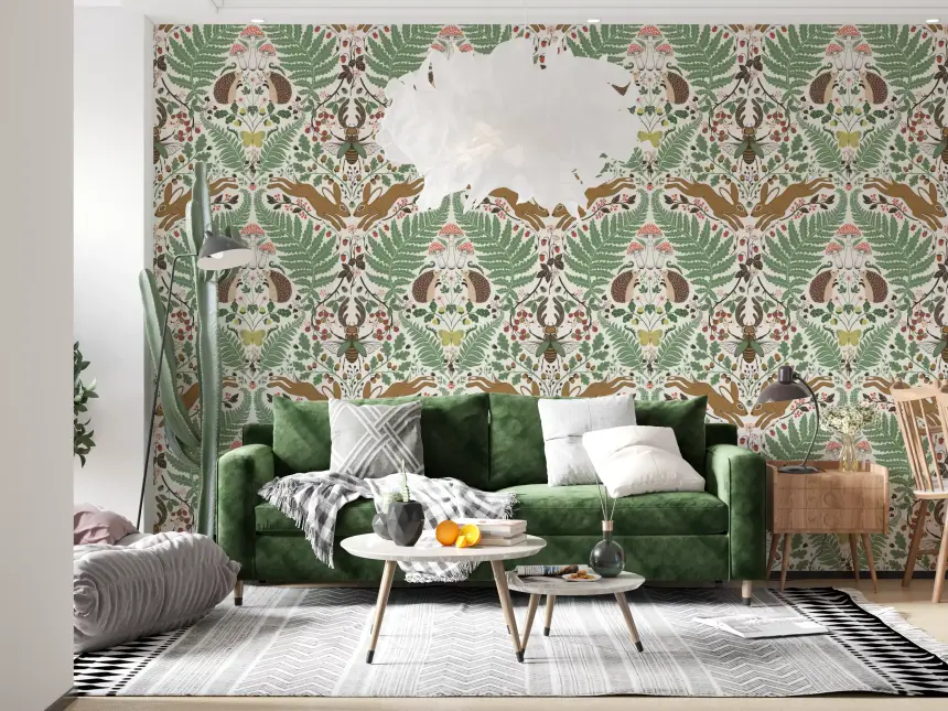 Woodland Animals and Plants in Sage and Ochre Wallpaper