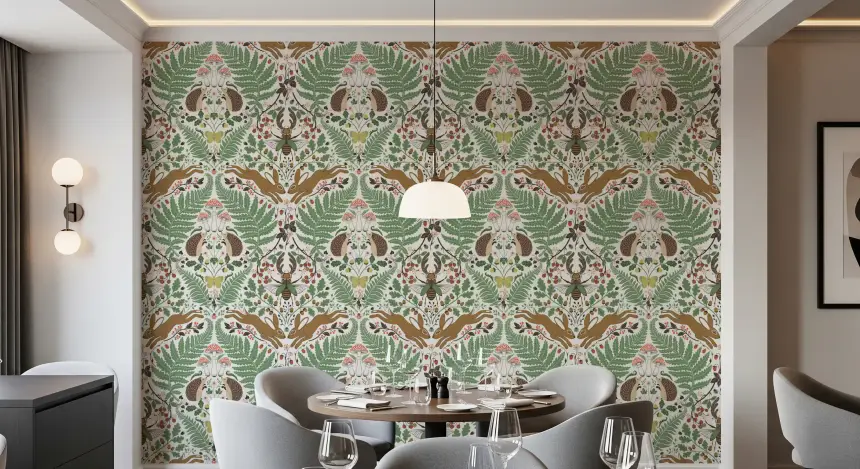 Woodland Animals and Plants in Sage and Ochre Wallpaper