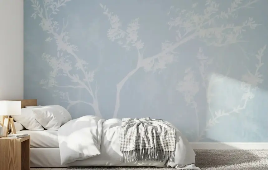 Ethereal Blue Blossom Silhouette Neutrals Wall Mural
