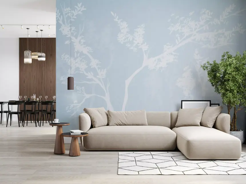 Ethereal Blue Blossom Silhouette Neutrals Wall Mural