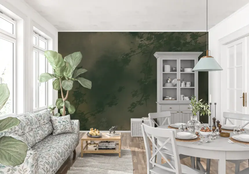 Verdant Mist Branches Moody Green Forest Wall Mural