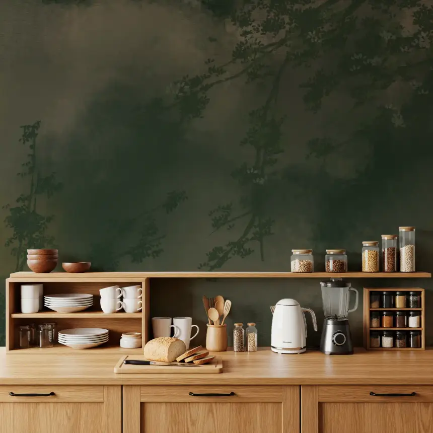Verdant Mist Branches Moody Green Forest Wall Mural
