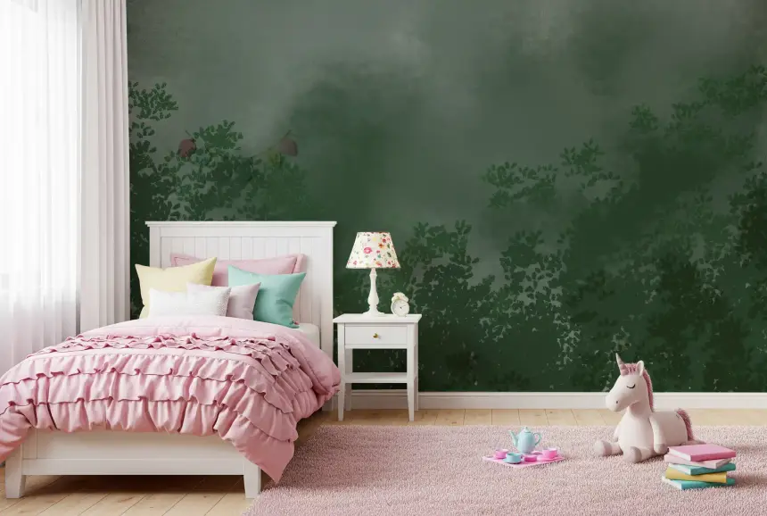 Emerald Canopy Mist Forest Dark Wall Mural