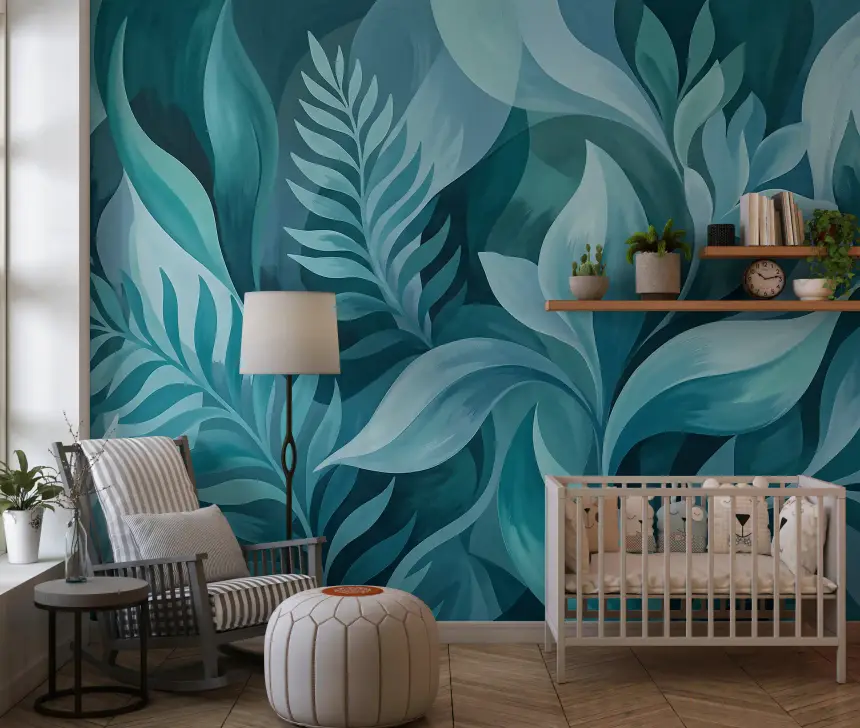 Aqua Serenity Leaves Wall Mural