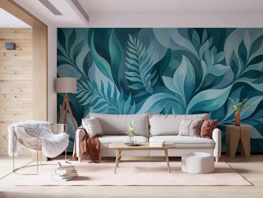 Aqua Serenity Leaves Wall Mural