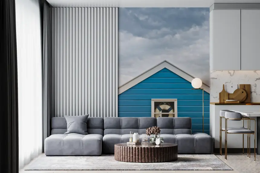 Blue Beach Hut: Coastal Charm Wall Mural