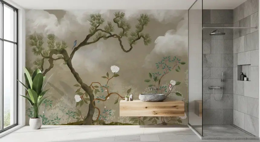 Tranquil Chinoiserie Pine & White Blossom Garden Wall Mural