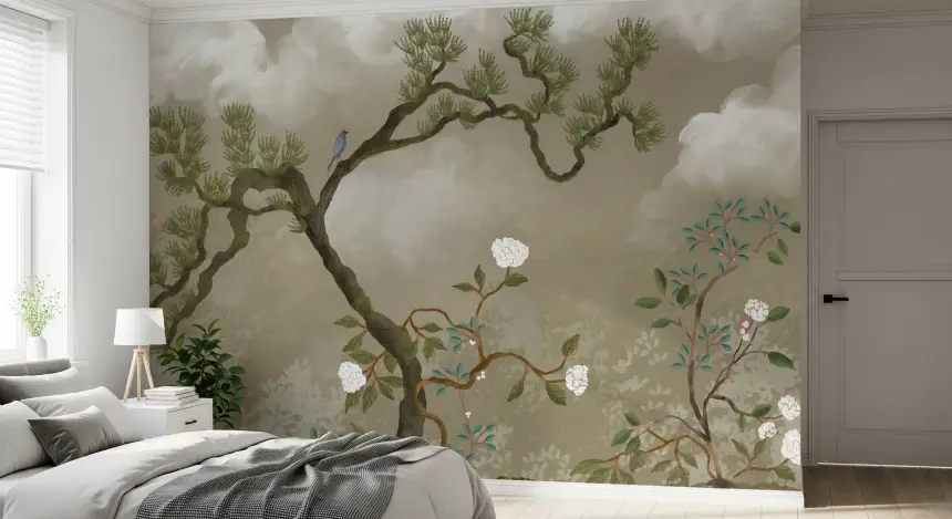 Tranquil Chinoiserie Pine & White Blossom Garden Wall Mural