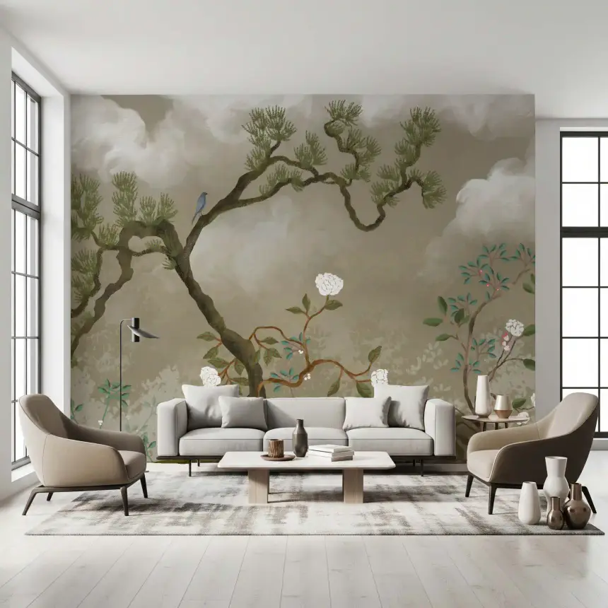 Tranquil Chinoiserie Pine & White Blossom Garden Wall Mural