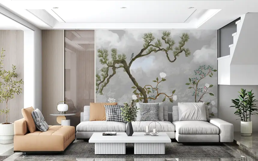 Misty Garden Bloom Chinoiserie Pine White Florals Wall Mural