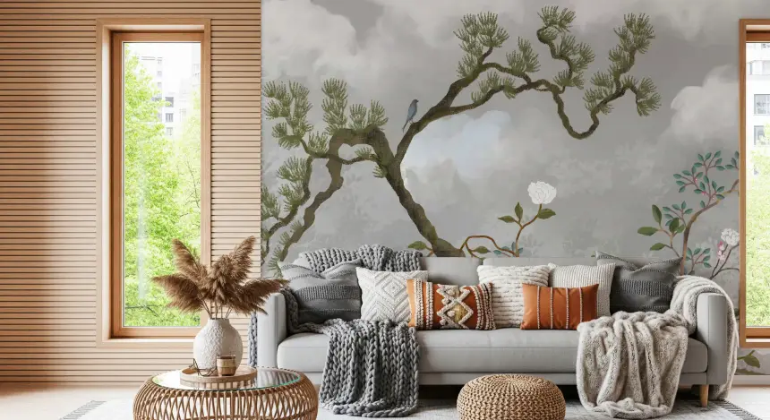 Misty Garden Bloom Chinoiserie Pine White Florals Wall Mural