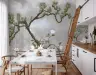 Misty Chinoiserie Pine Tree and Bird Wall Mural 7