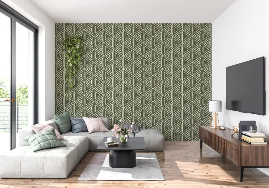Textured Mudcloth Geometric Triangles Boho Moss Green Wallpaper