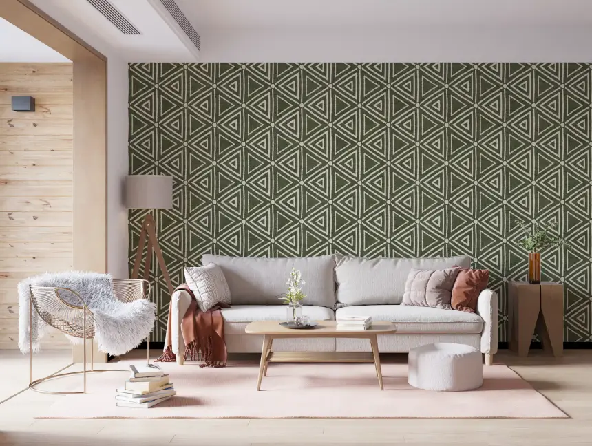 Textured Mudcloth Geometric Triangles Boho Moss Green Wallpaper