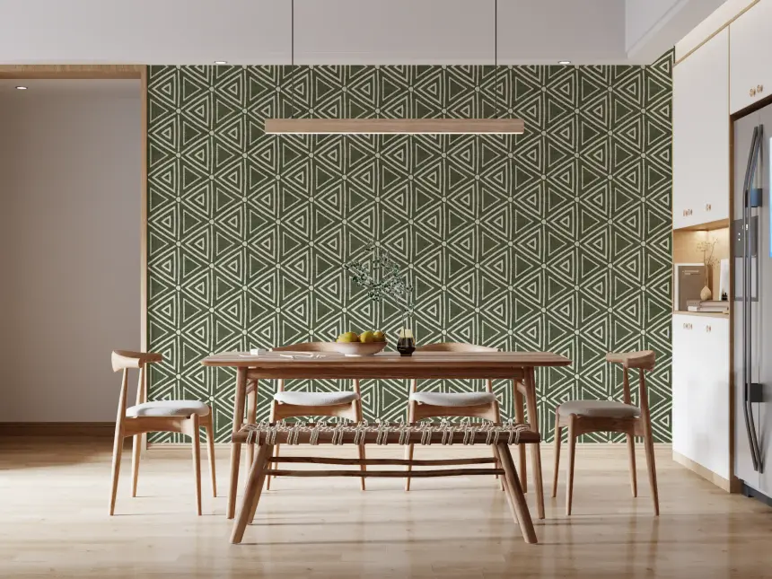 Textured Mudcloth Geometric Triangles Boho Moss Green Wallpaper