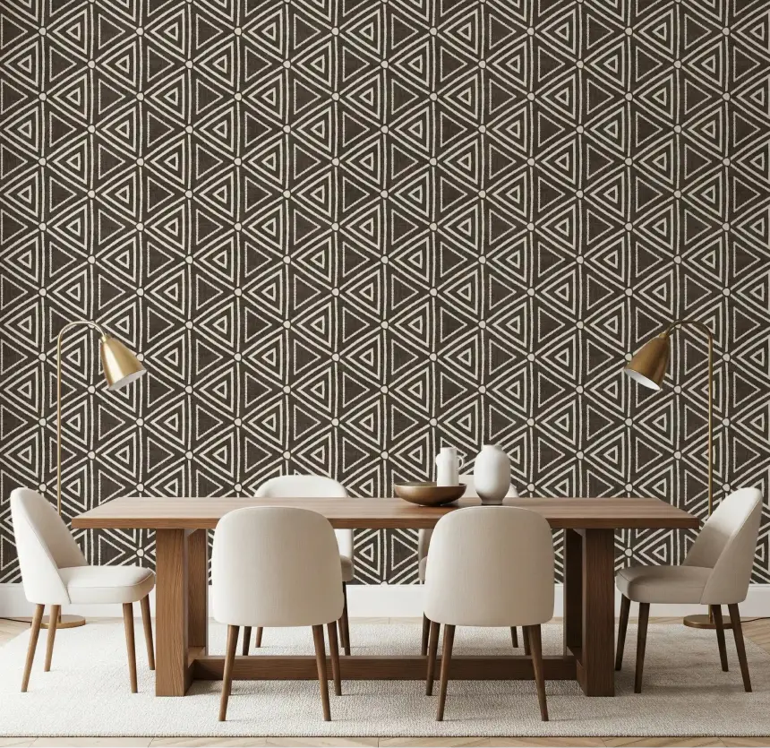 Textured Mudcloth Geometric Triangles Boho Dark Umber Brown Wallpaper