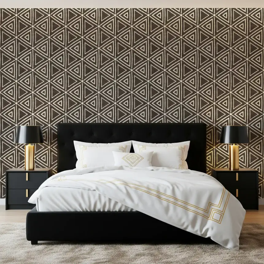 Textured Mudcloth Geometric Triangles Boho Dark Umber Brown Wallpaper