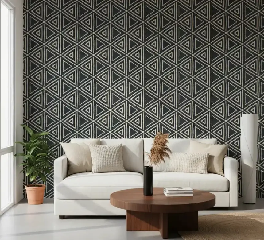 Textured Mudcloth Geometric Triangles Boho Charcoal Black Wallpaper