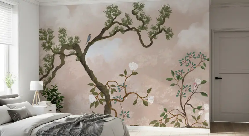 Serene Chinoiserie Garden & Blue Birds Wall Mural