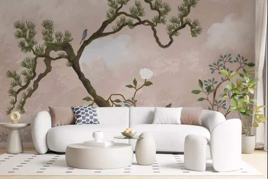 Serene Chinoiserie Garden & Blue Birds Wall Mural