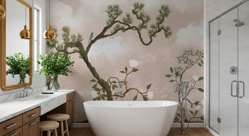 Serene Chinoiserie Garden & Blue Birds Wall Mural