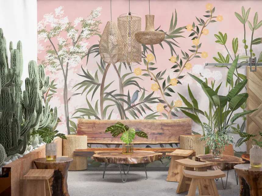 Pink Botanical Serenity Chinoiserie Flowers Trees Wall Mural