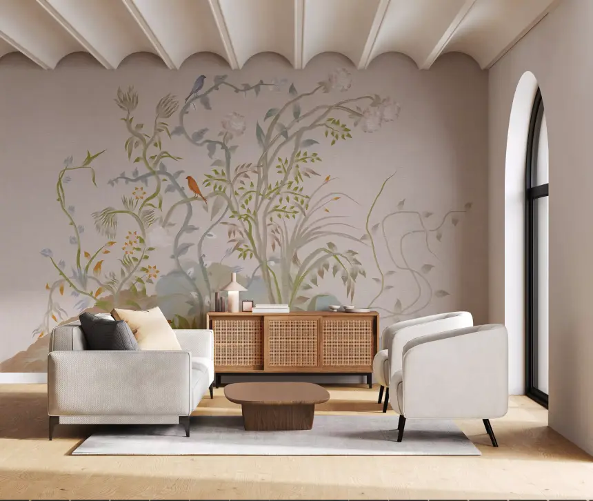 Whispering Vines & Chinoiserie Songbirds Wall Mural