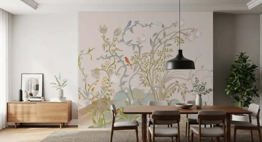 Whispering Vines & Chinoiserie Songbirds Wall Mural