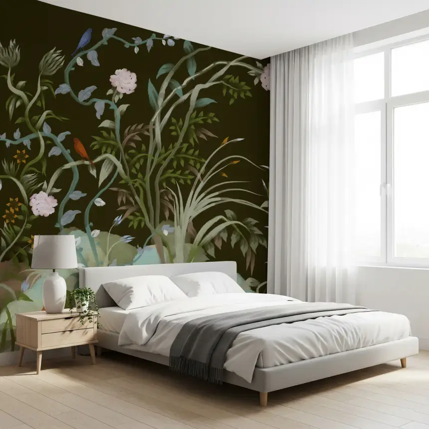 Enchanted Grove Birds Chinoiserie Botanical Flower Trees Wall Mural
