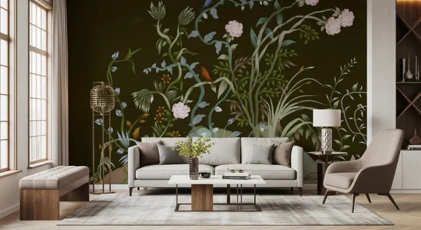 Enchanted Grove Birds Chinoiserie Botanical Flower Trees Wall Mural