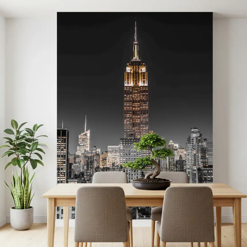 Empire Glow: NYC Night in Grayscale Gold Wall Mural