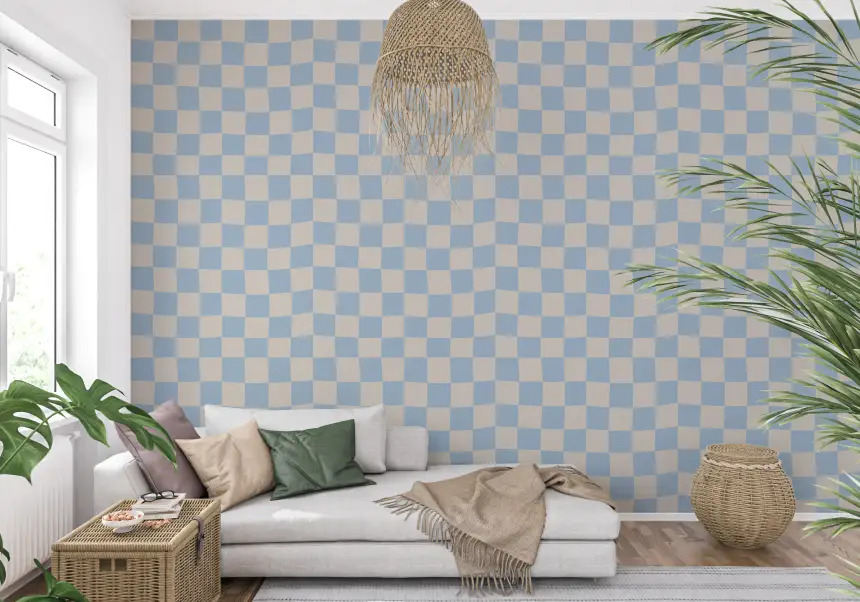 Azure & Beige Check Wave Wallpaper