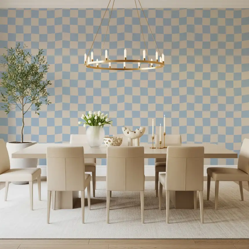 Azure & Beige Check Wave Wallpaper