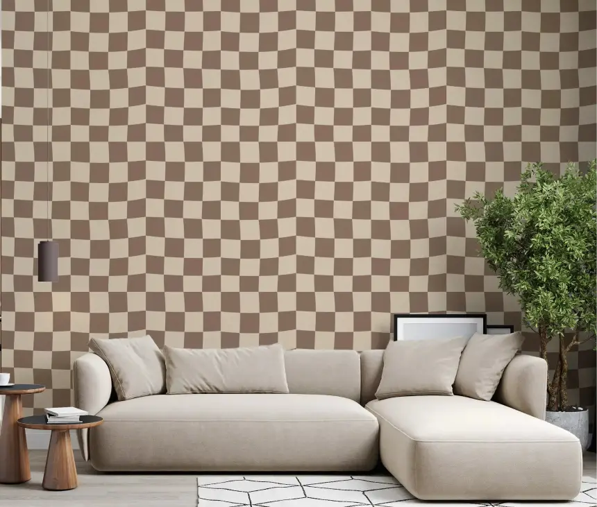 Wavy Beige Check Wallpaper