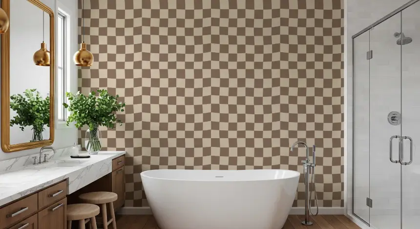 Wavy Beige Check Wallpaper