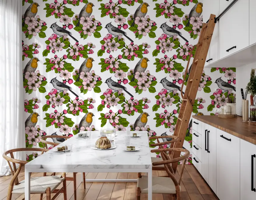 Birds and Blossoms on White 2 Wallpaper