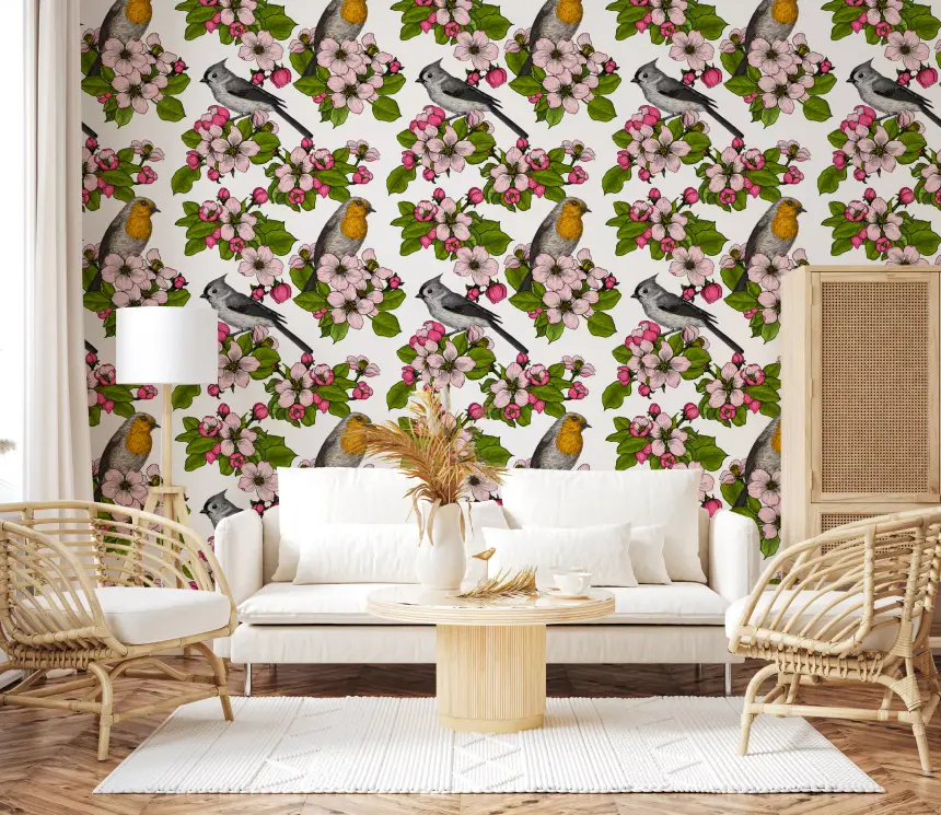 Birds and Blossoms on White 2 Wallpaper