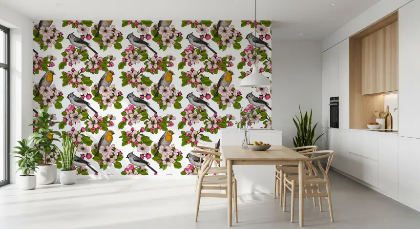 Birds and Blossoms on White 2 Wallpaper