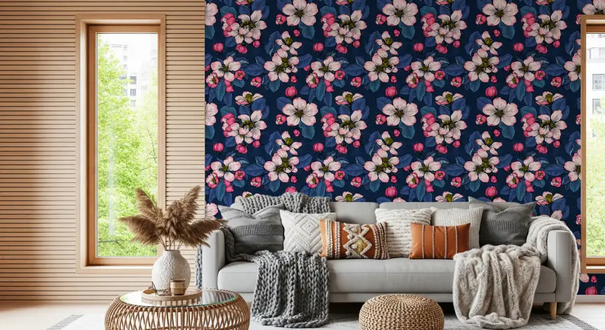 Apple Blossom on Dark Blue 2 Wallpaper