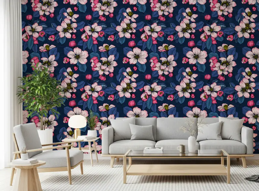 Apple Blossom on Dark Blue 2 Wallpaper
